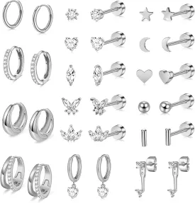 14K Gold Plated Flat Back Earrings & Hoops Set - 16 Pairs Hypoallergenic Cartilage Studs & Mini Hoops for Women | Threadless Push-in Design, Tiny Star, Moon, Heart, CZ Studs & Chunky Hoops