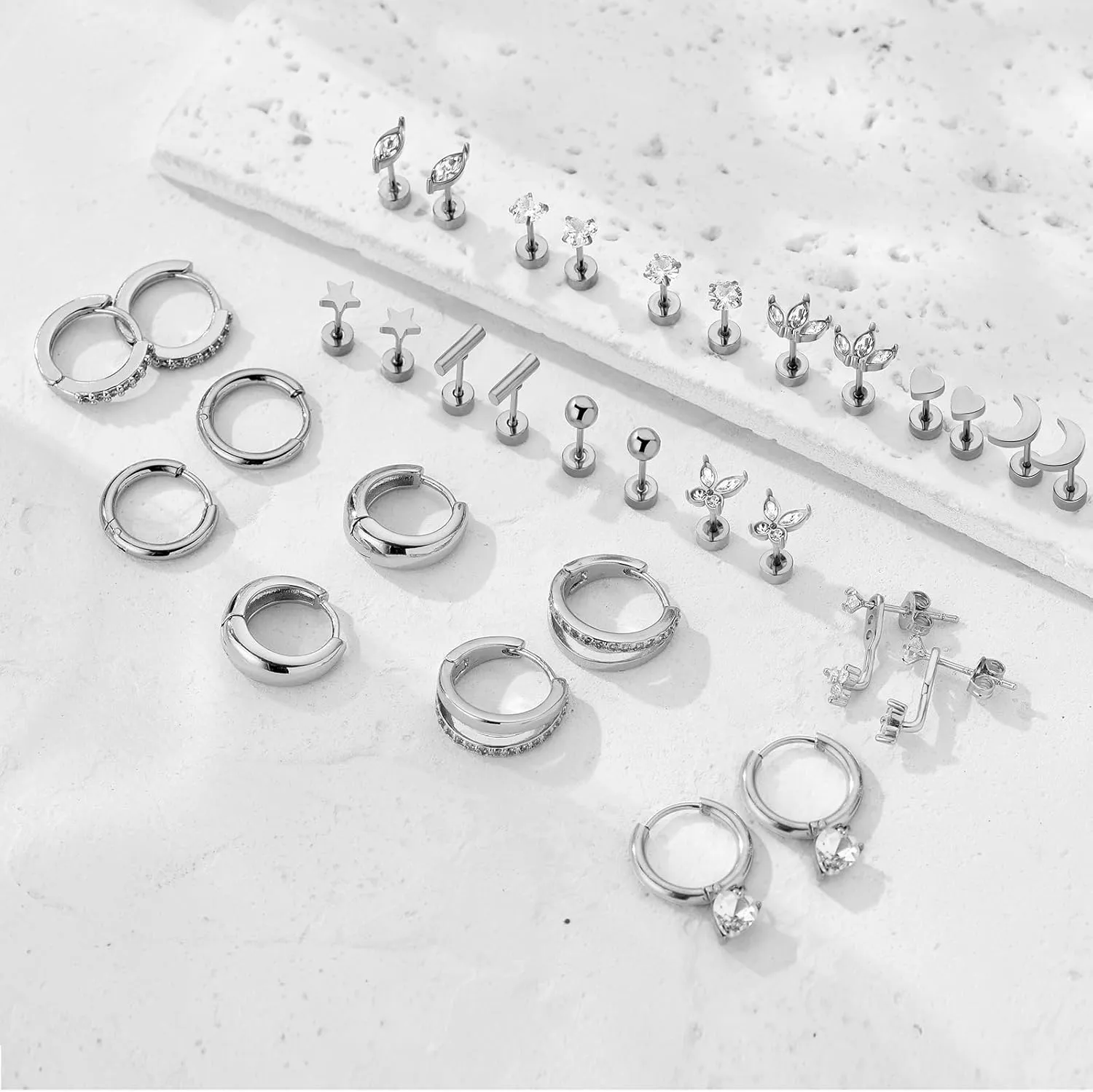 14K Gold Plated Flat Back Earrings & Hoops Set - 16 Pairs Hypoallergenic Cartilage Studs & Mini Hoops for Women | Threadless Push-in Design, Tiny Star, Moon, Heart, CZ Studs & Chunky Hoops