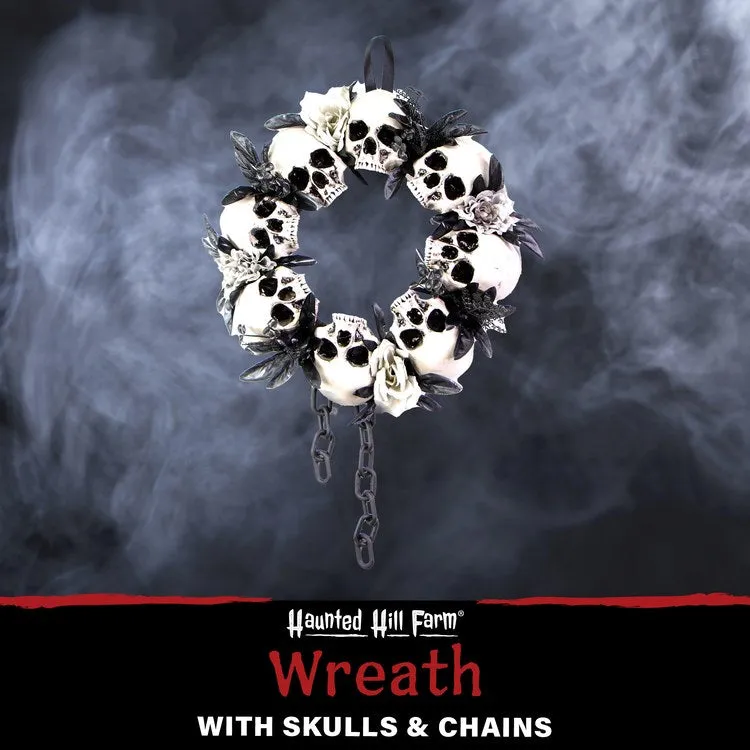 15.7" Skulls and Chains Wreath, Halloween Door or Wall Decoration, White-Black-Gray