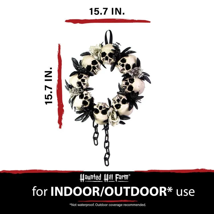 15.7" Skulls and Chains Wreath, Halloween Door or Wall Decoration, White-Black-Gray
