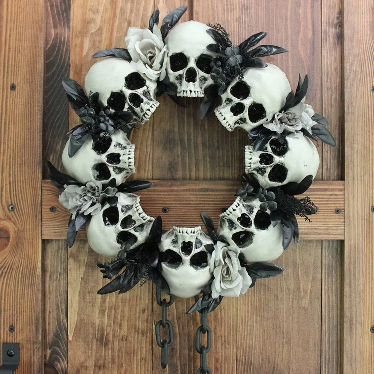 15.7" Skulls and Chains Wreath, Halloween Door or Wall Decoration, White-Black-Gray