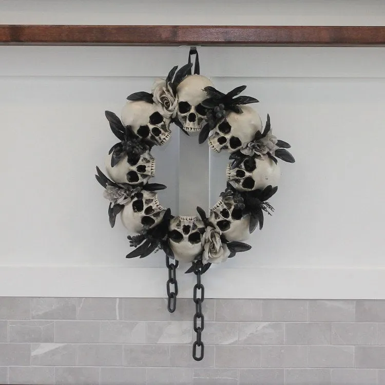 15.7" Skulls and Chains Wreath, Halloween Door or Wall Decoration, White-Black-Gray