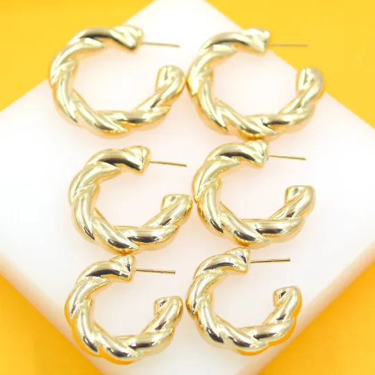 18K Gold Filled Thick Twisted Hoops Post Earrings (J206)