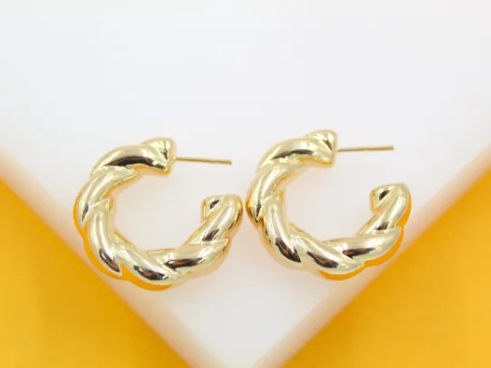 18K Gold Filled Thick Twisted Hoops Post Earrings (J206)