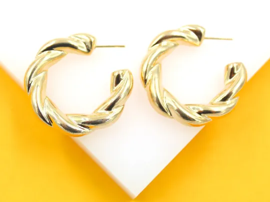 18K Gold Filled Thick Twisted Hoops Post Earrings (J206)