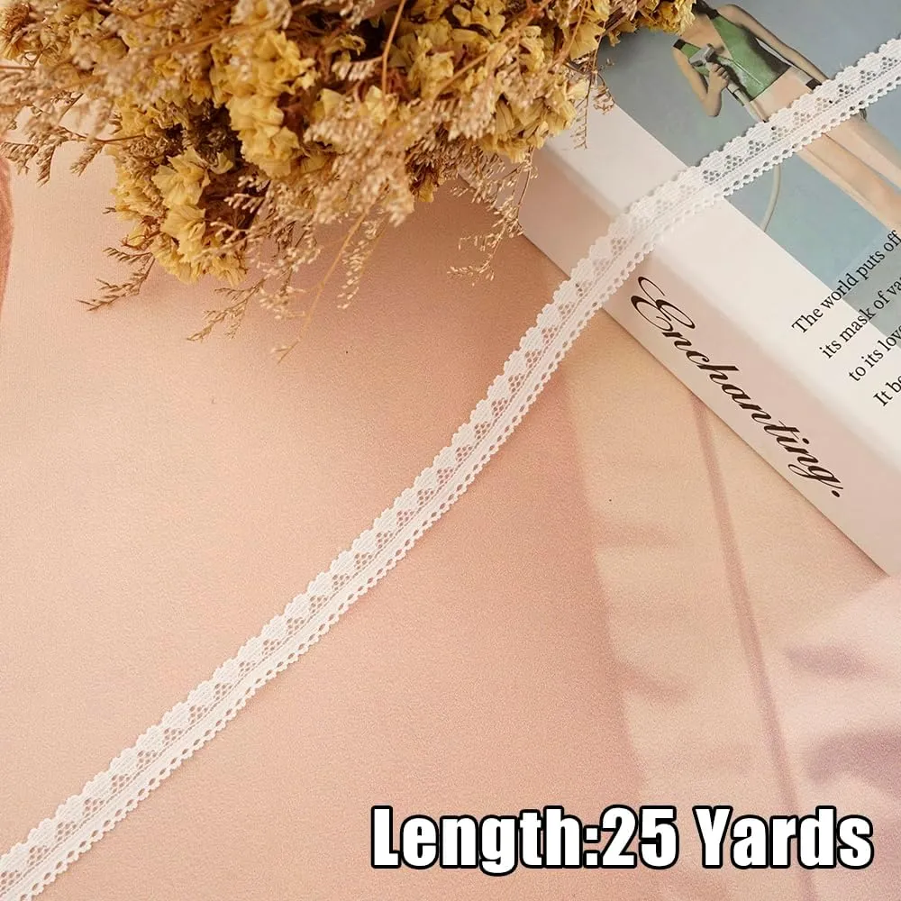 25 Yards White Elastic Lace Ribbon Lace Trim for Garment Sewing, Lace Choker, Curtain Edge Ornamnet, Decorative Ribbon for Sewing Project (White-05)