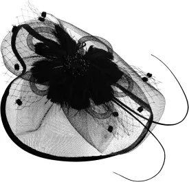 3 Pieces Fascinators Hats for Women Tea Party Hat Feathers Veil Mesh Hat Lace Gloves Pearl Choker Necklace Set for Wedding