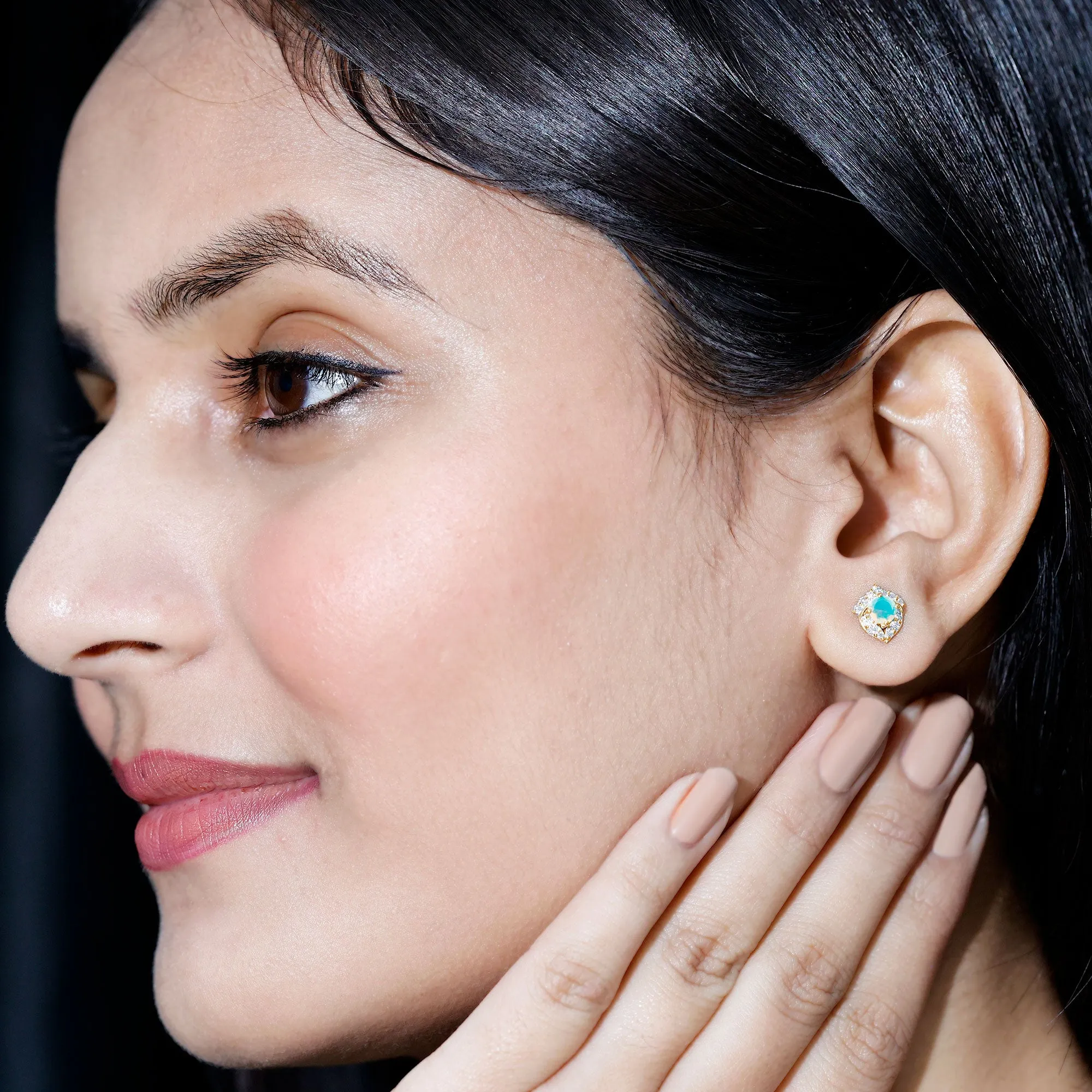 3/4 CT Ethiopian Opal Stud Earrings with Moissanite Accent