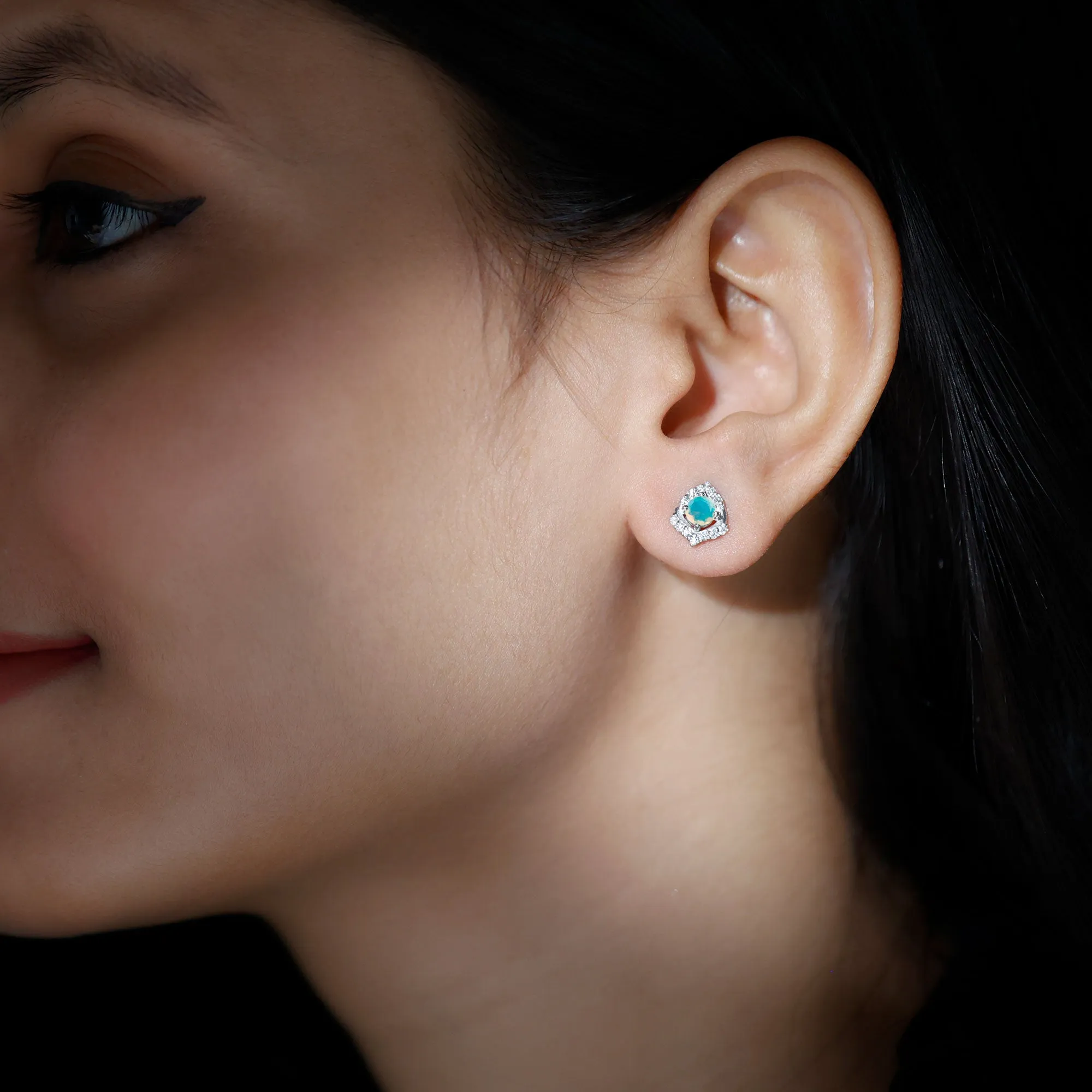 3/4 CT Ethiopian Opal Stud Earrings with Moissanite Accent
