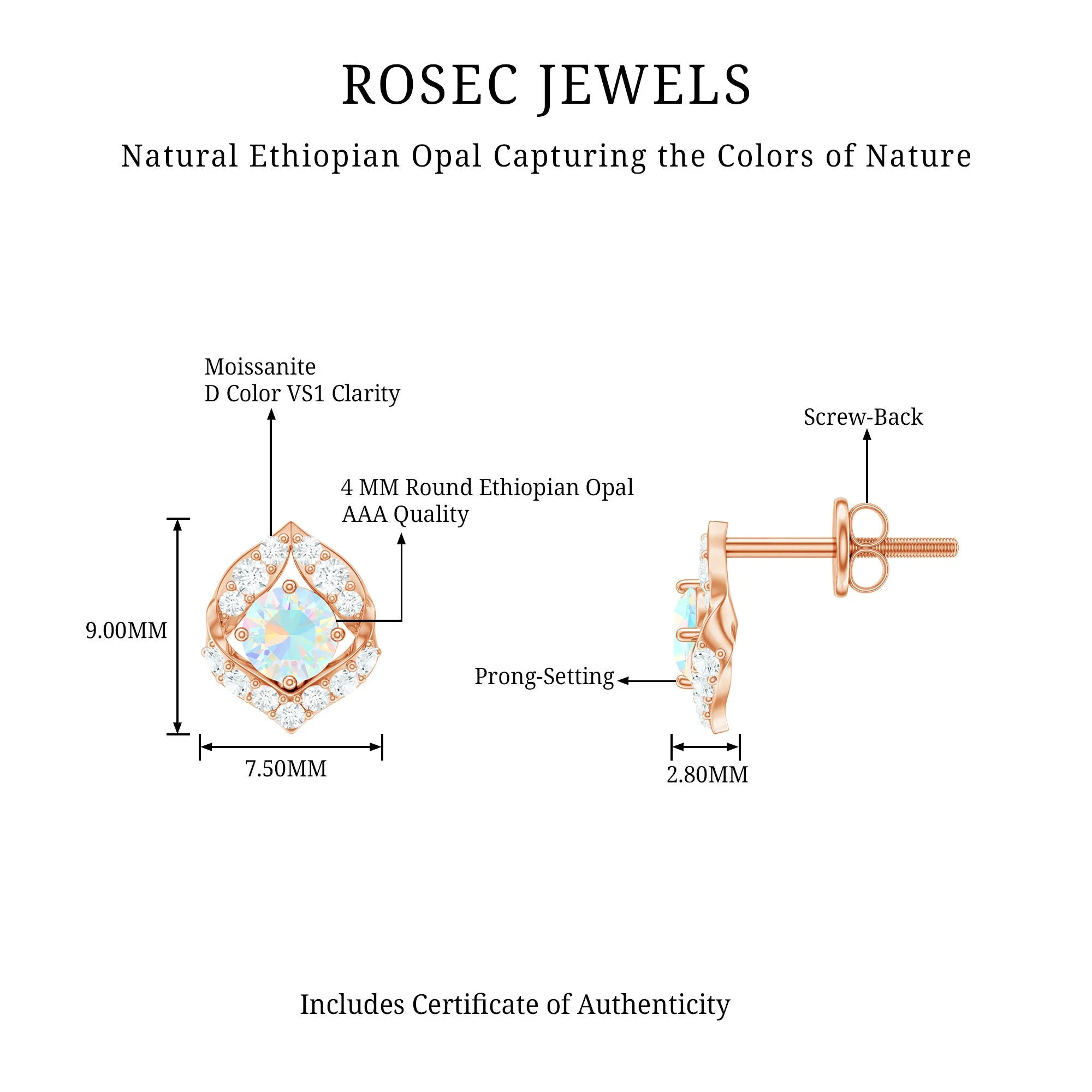 3/4 CT Ethiopian Opal Stud Earrings with Moissanite Accent