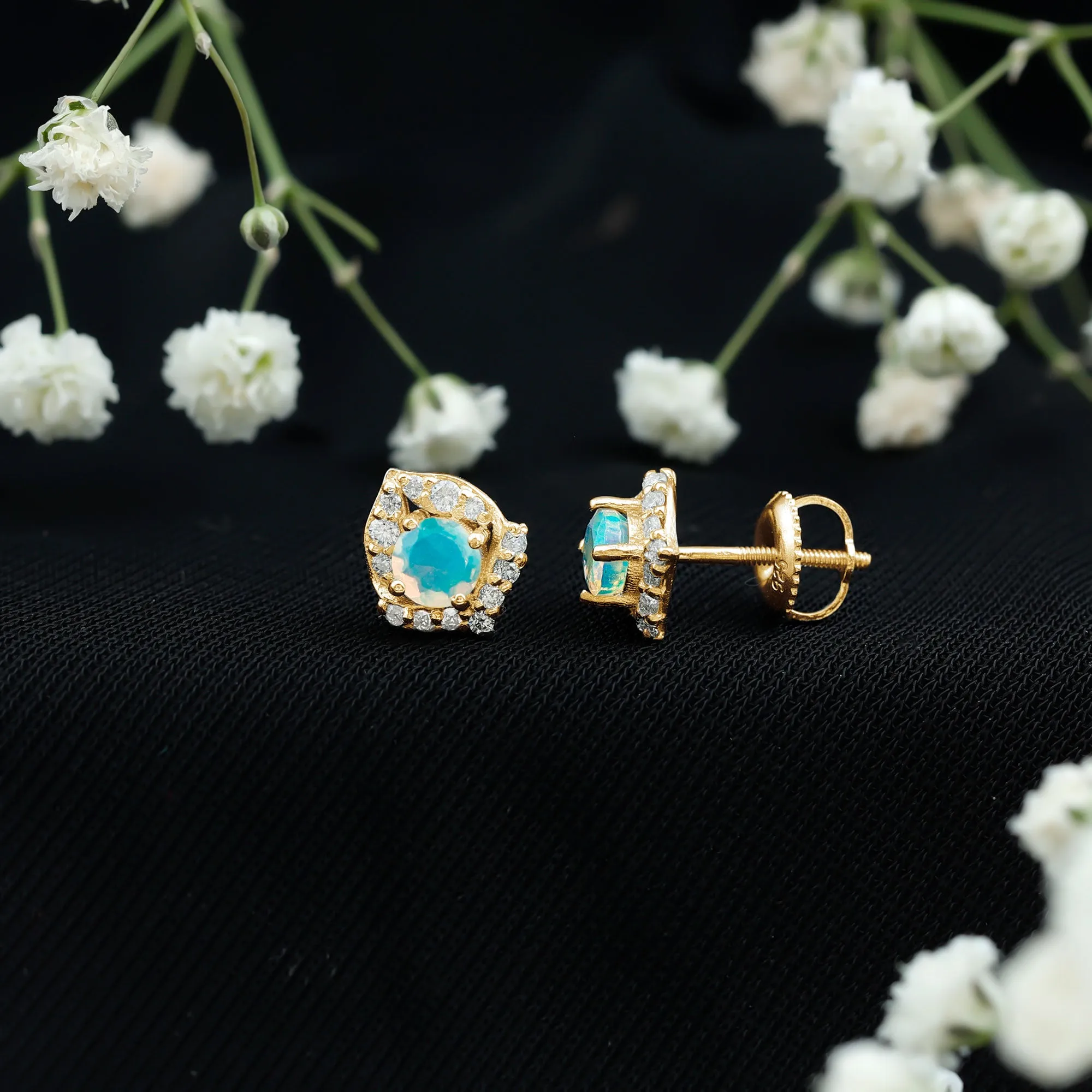 3/4 CT Ethiopian Opal Stud Earrings with Moissanite Accent