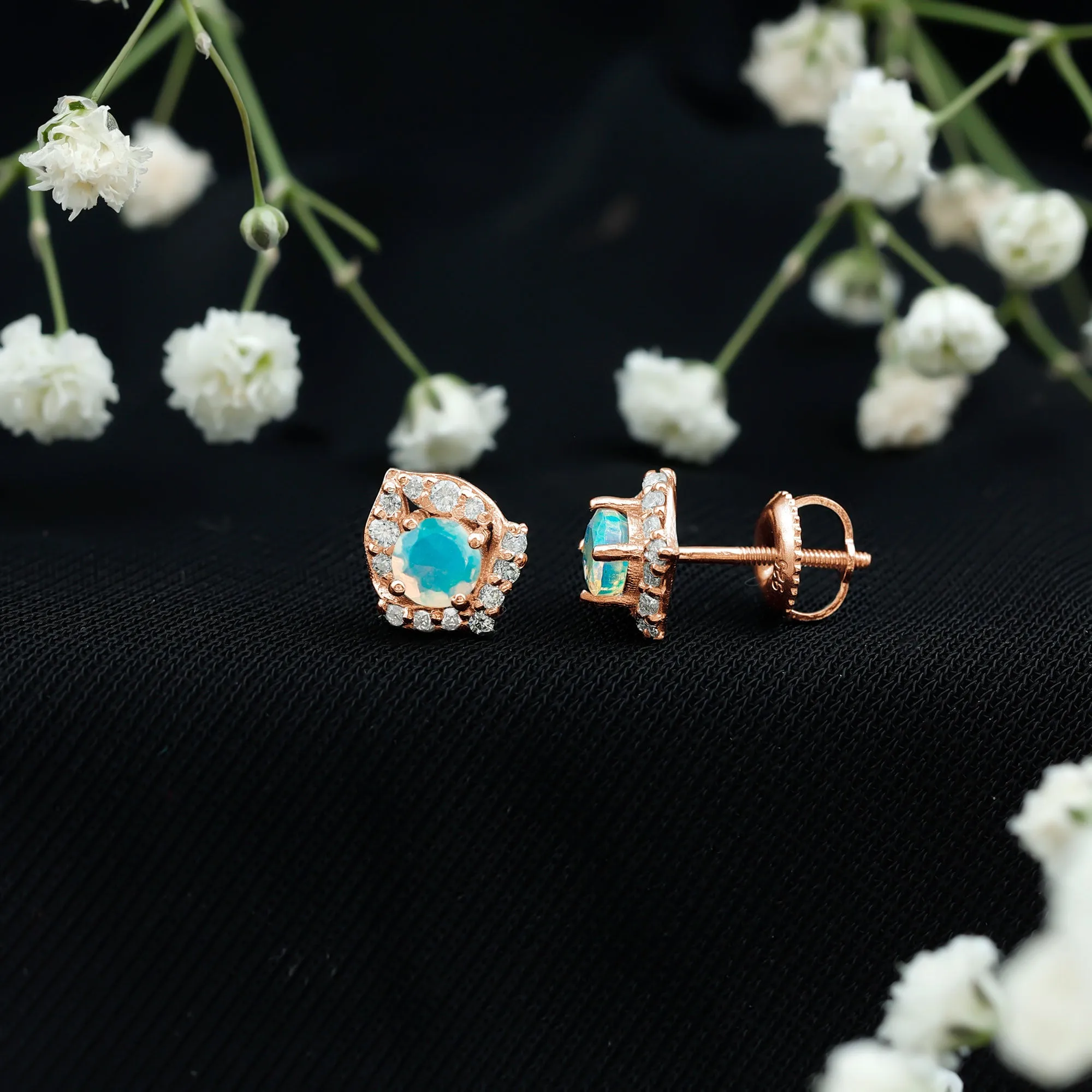 3/4 CT Ethiopian Opal Stud Earrings with Moissanite Accent