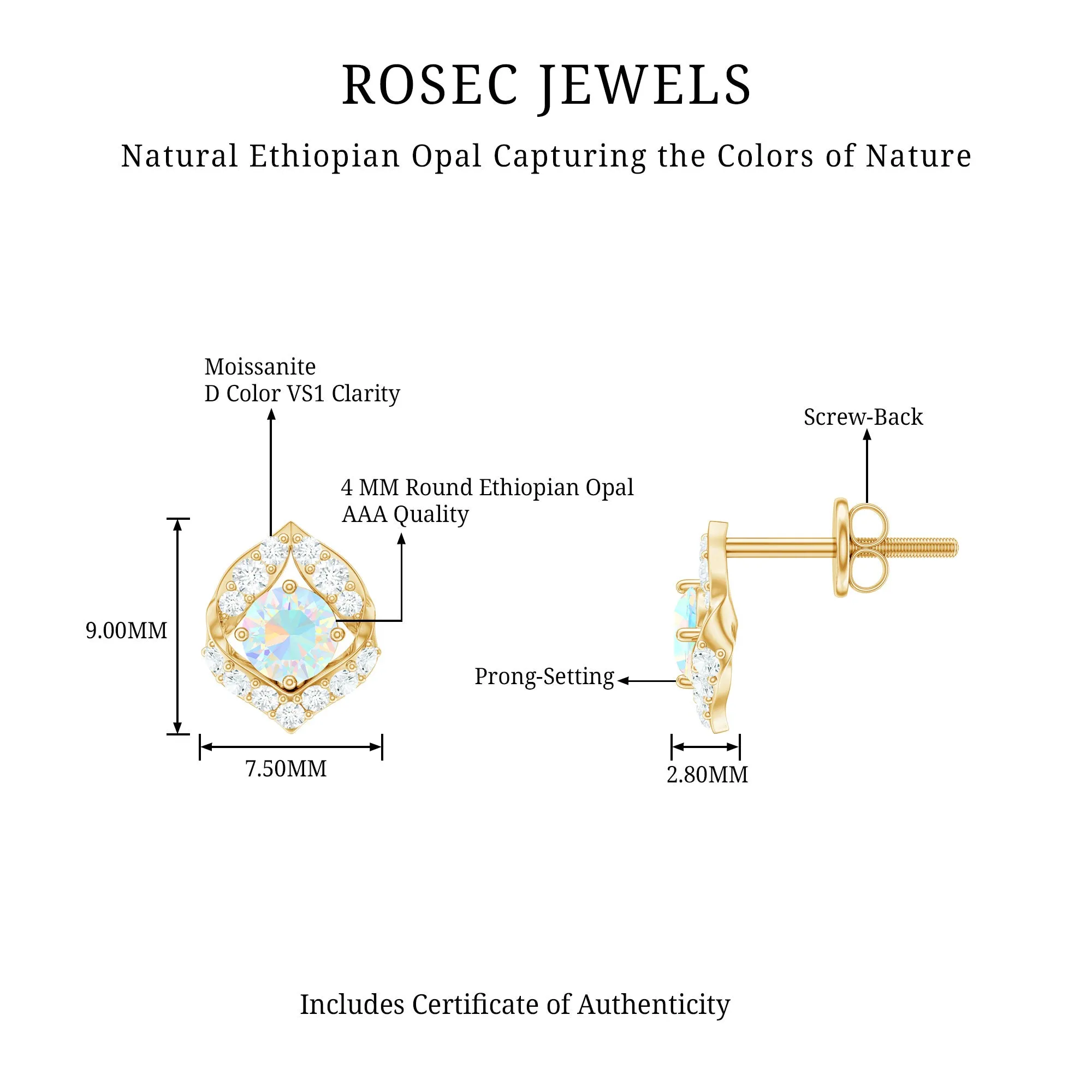 3/4 CT Ethiopian Opal Stud Earrings with Moissanite Accent