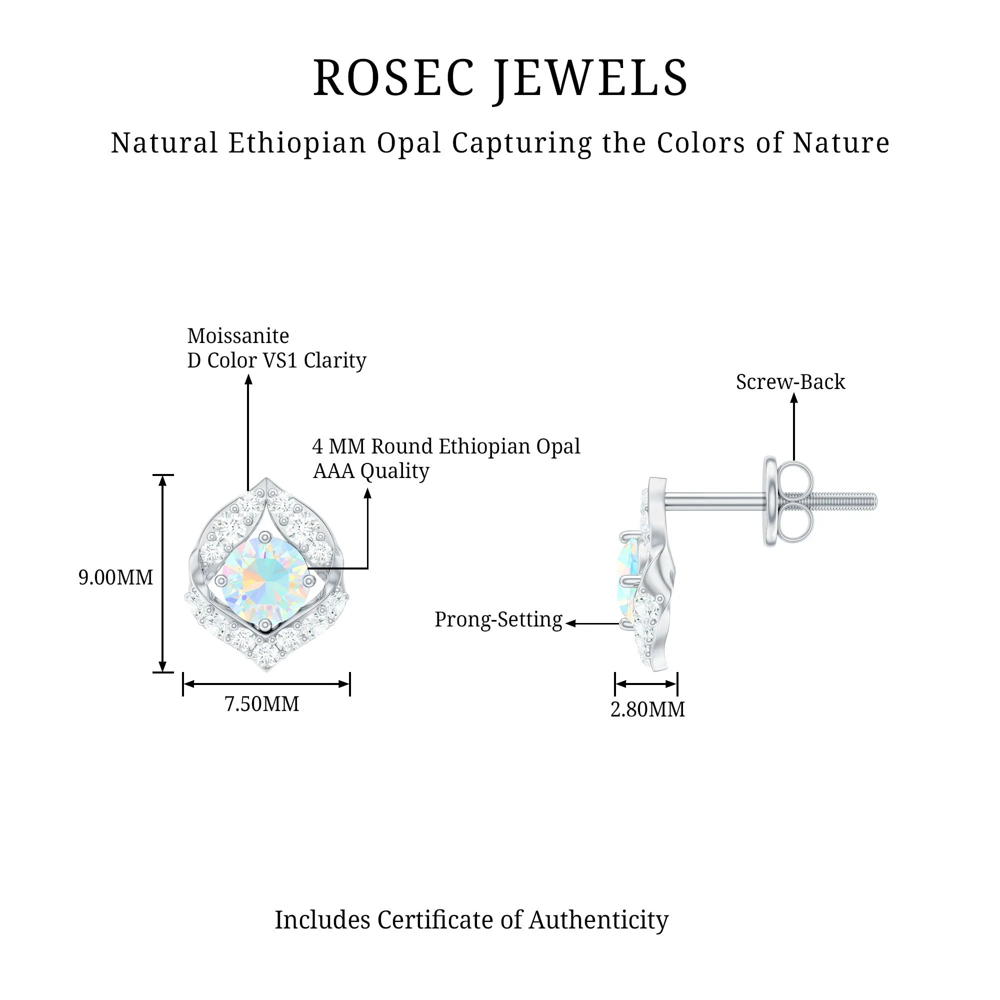 3/4 CT Ethiopian Opal Stud Earrings with Moissanite Accent