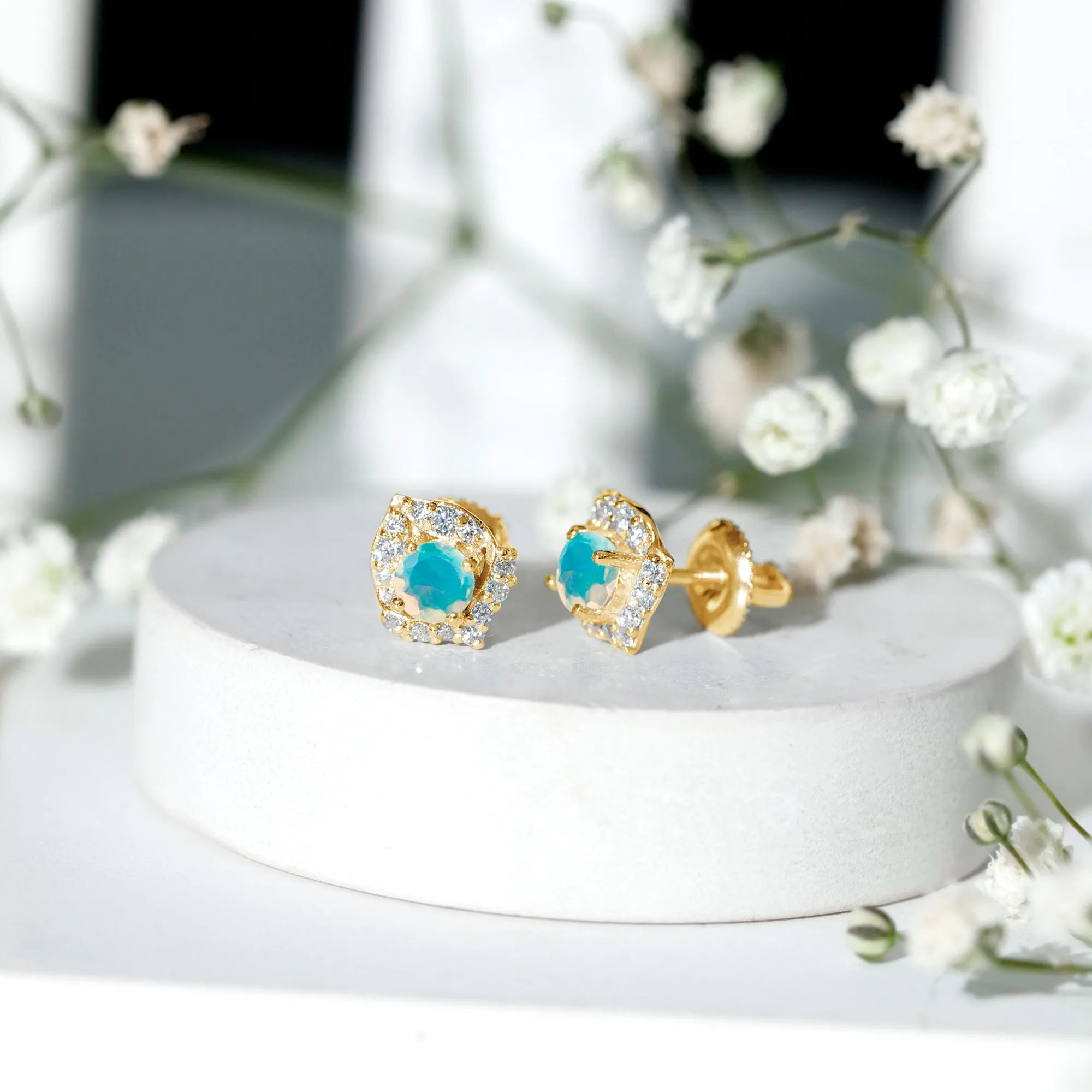 3/4 CT Ethiopian Opal Stud Earrings with Moissanite Accent