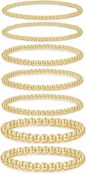 7PCS Layered Beaded Bracelets Set for Women Trendy Stretch Elastic Round Ball Beads Bangles Boho Chunky Gold Stackable Bracelets Dainty Jewelry for Gifts
