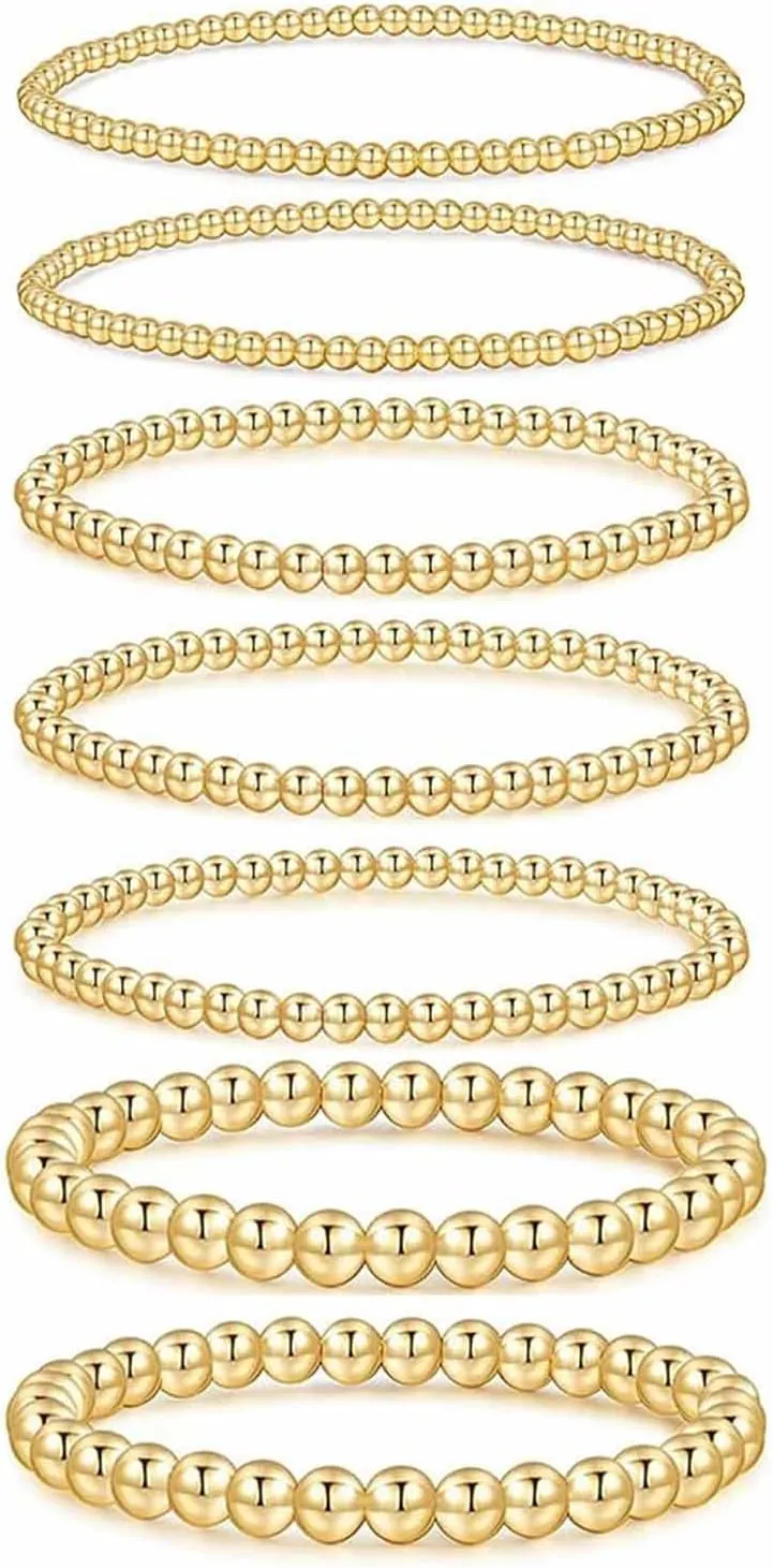 7PCS Layered Beaded Bracelets Set for Women Trendy Stretch Elastic Round Ball Beads Bangles Boho Chunky Gold Stackable Bracelets Dainty Jewelry for Gifts