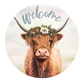 9.4" Round Waterproof Sign: Welcome Floral Highland Cow