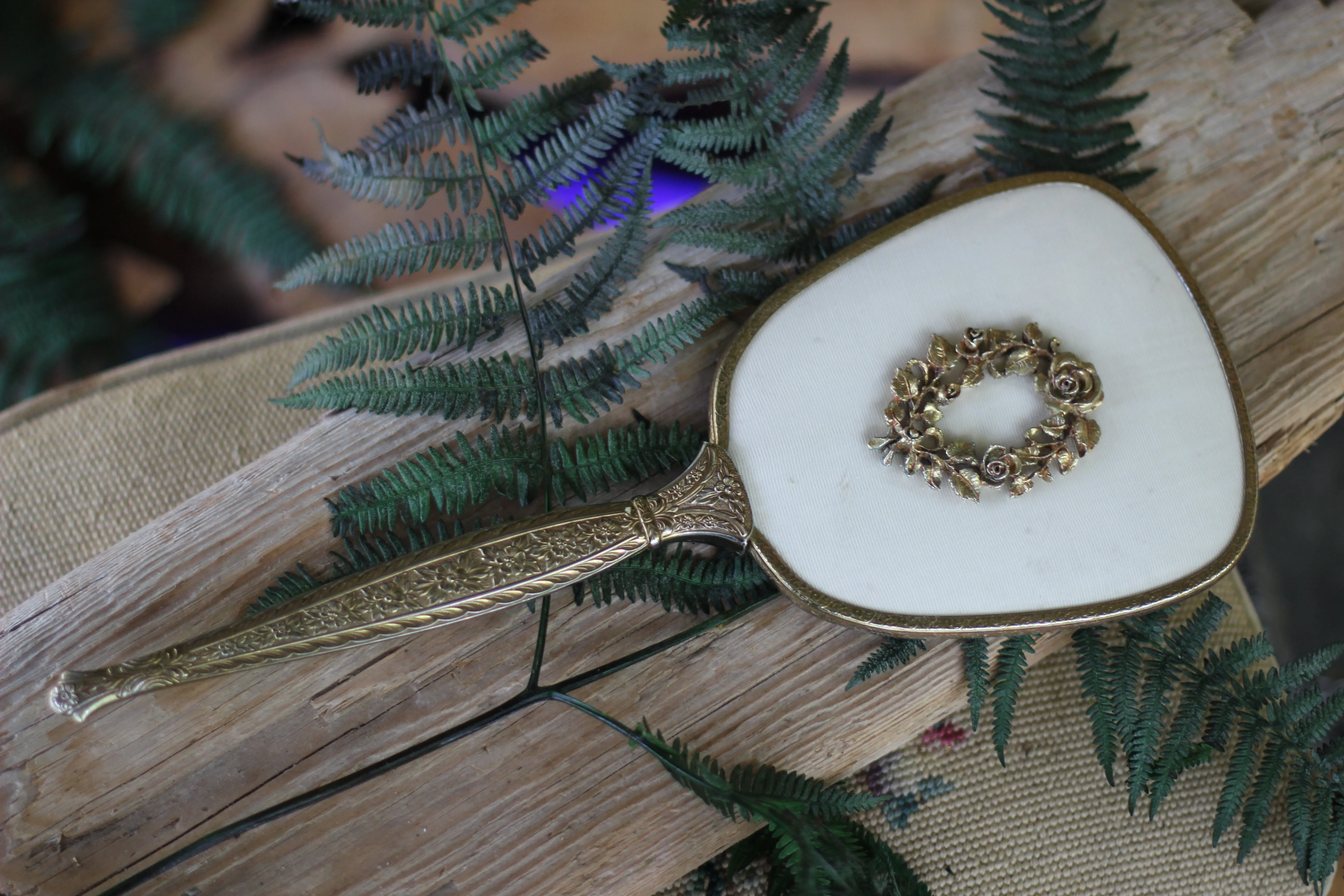 Antique Floral wreath Hand Mirror