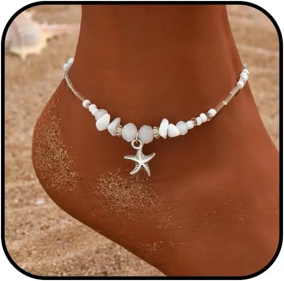 Beach Anklets for Women Starfish Shell Beaded Ankle Bracelet Adjustable Natural Stone Ankle Bracelets Boho Handmade Charm Anklet Summer Beach Hawaiian Jewelry