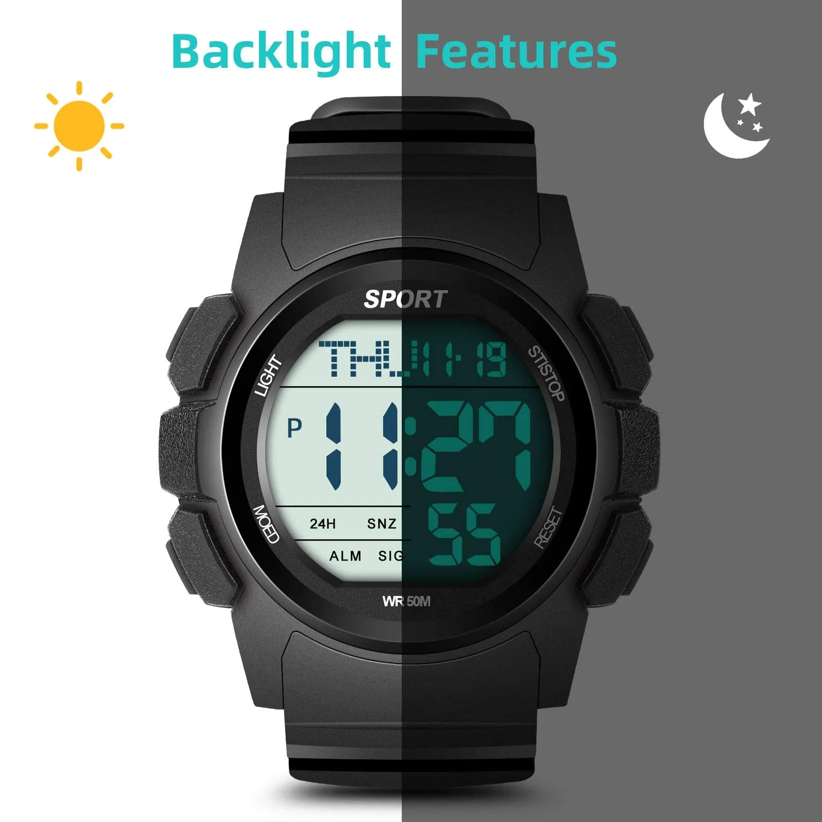 Beeasy Mens Digital Sports Watch Waterproof with Stopwatch Countdown Timer Alarm Mode Dual Time Watch for Men Black