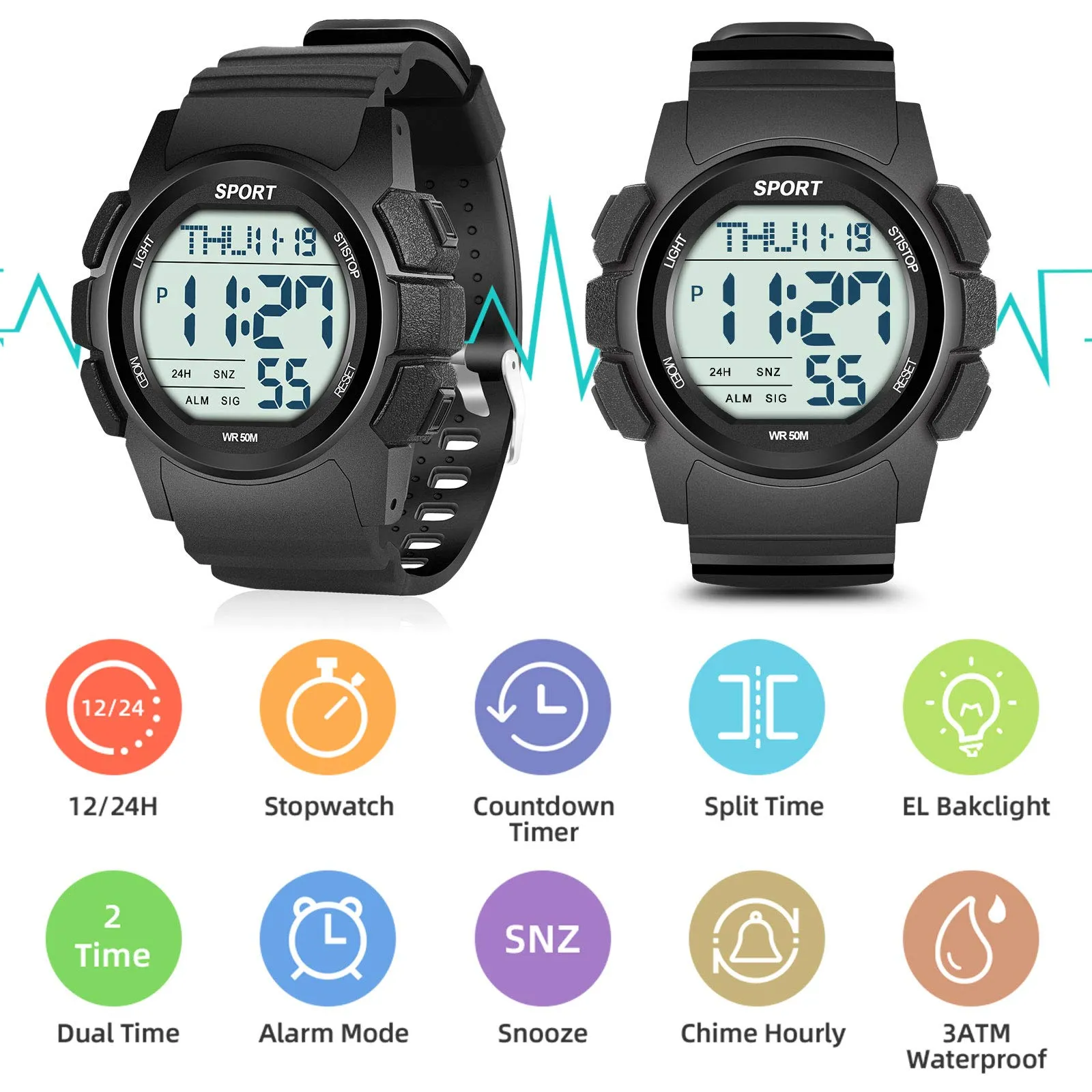 Beeasy Mens Digital Sports Watch Waterproof with Stopwatch Countdown Timer Alarm Mode Dual Time Watch for Men Black