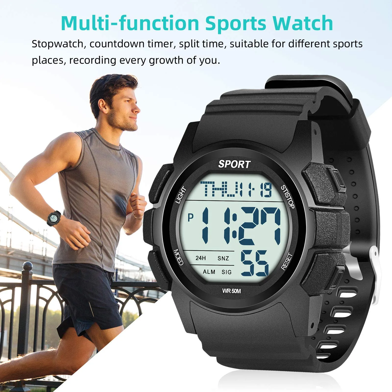 Beeasy Mens Digital Sports Watch Waterproof with Stopwatch Countdown Timer Alarm Mode Dual Time Watch for Men Black