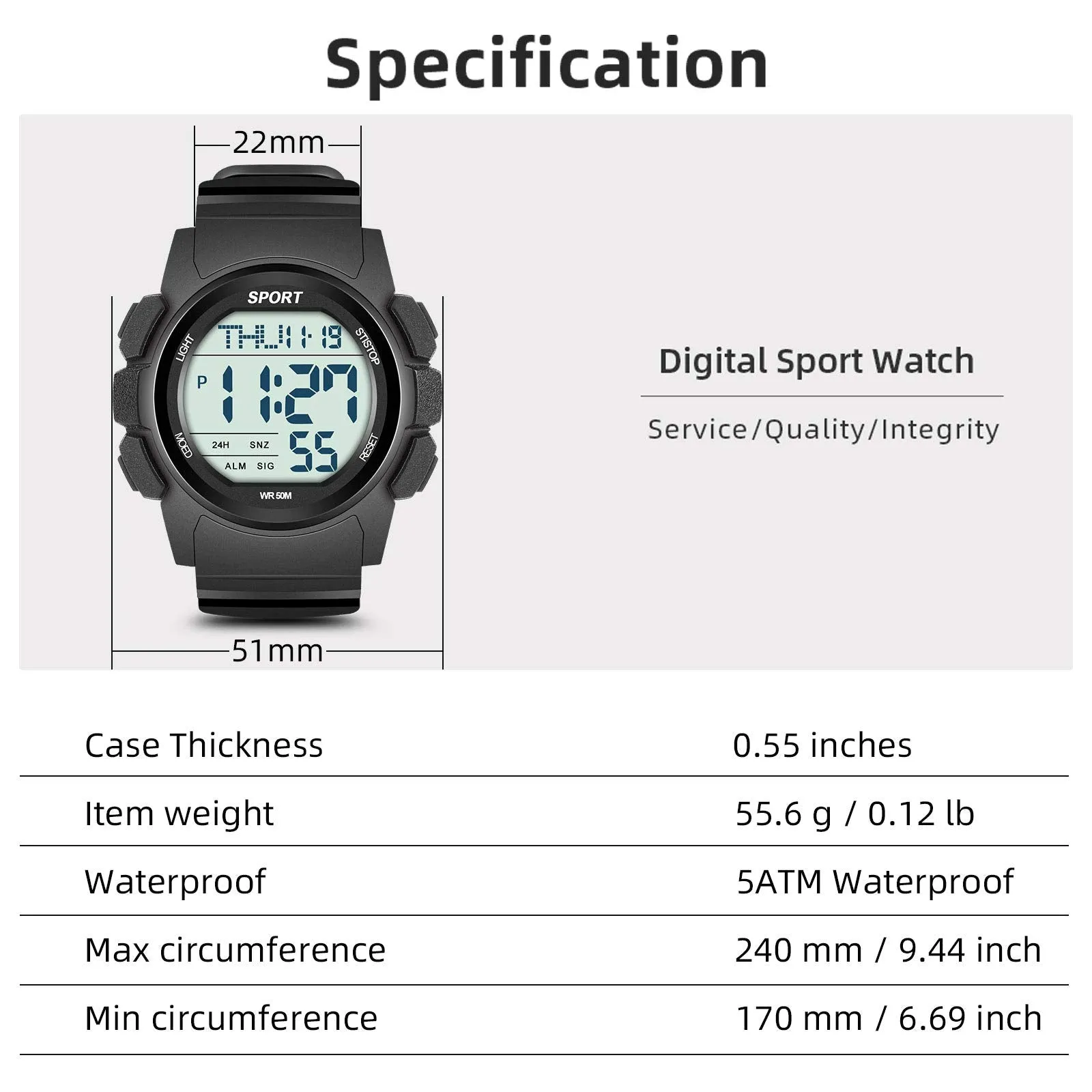 Beeasy Mens Digital Sports Watch Waterproof with Stopwatch Countdown Timer Alarm Mode Dual Time Watch for Men Black