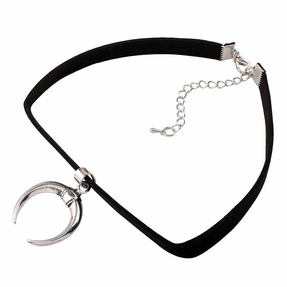Black Velvet Collar Bondage in Gothic Style / Handmade Charm Moon Pendant