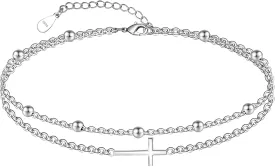 CHIC & ARTSY Womens Sterling Silver Created Opal Layered Anklet Bracelet Dainty Beaded Chain Adjustable 11" Best Friend Anklet