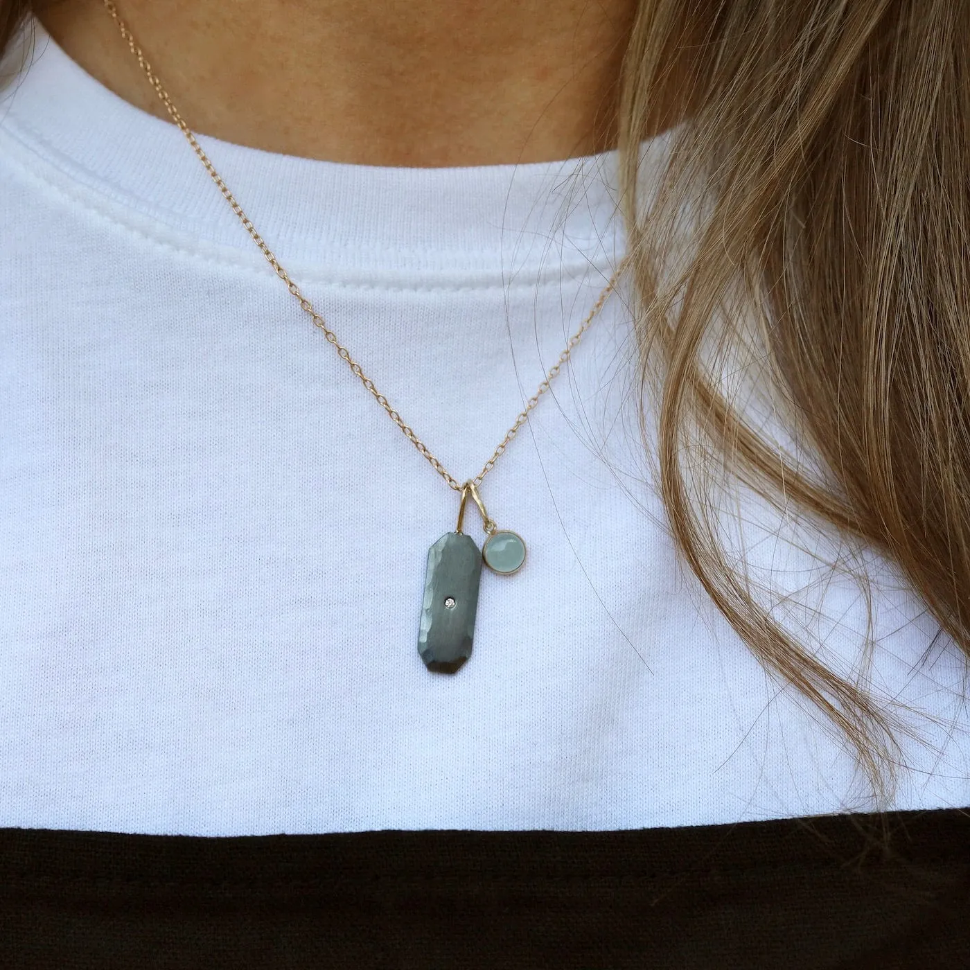 Cluster Necklace - Two Tone Long Radiant Pendant & Bezel-set Aquamarine