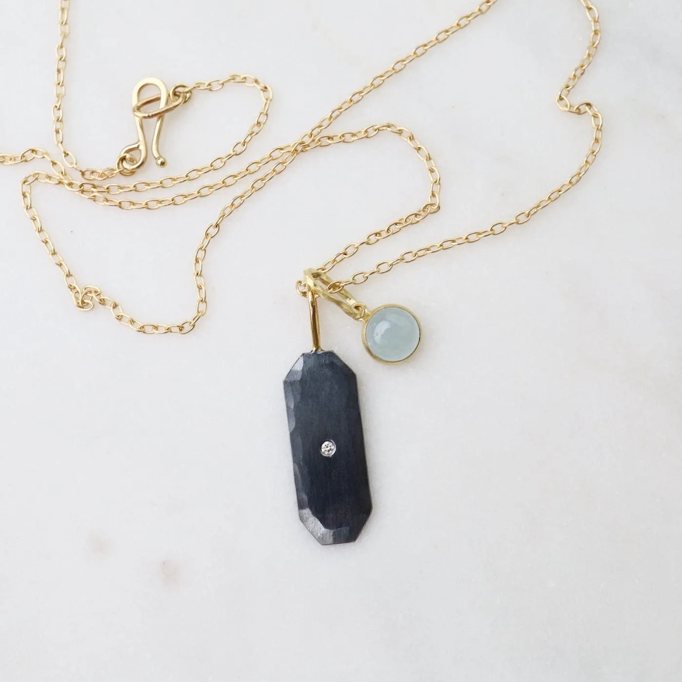 Cluster Necklace - Two Tone Long Radiant Pendant & Bezel-set Aquamarine
