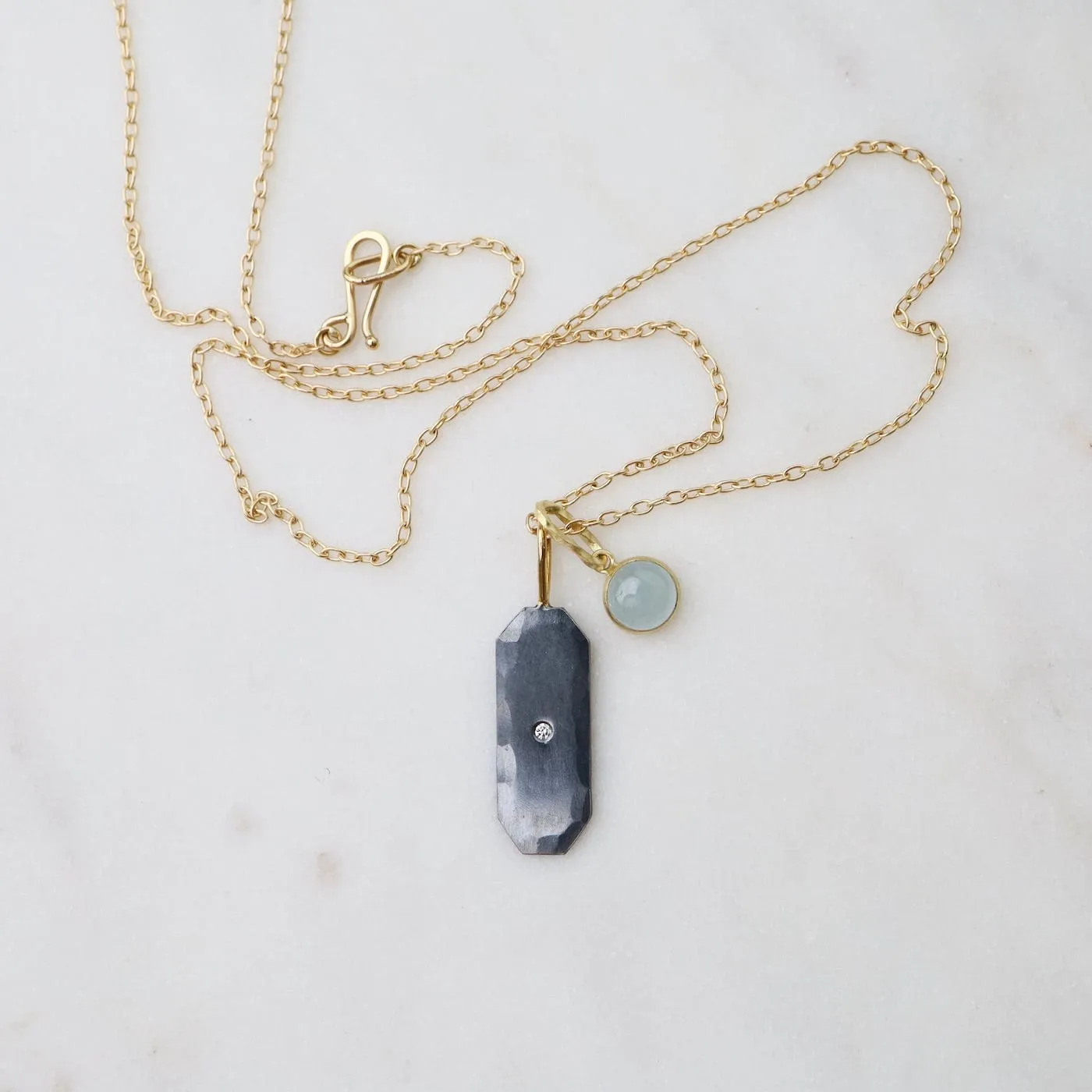 Cluster Necklace - Two Tone Long Radiant Pendant & Bezel-set Aquamarine