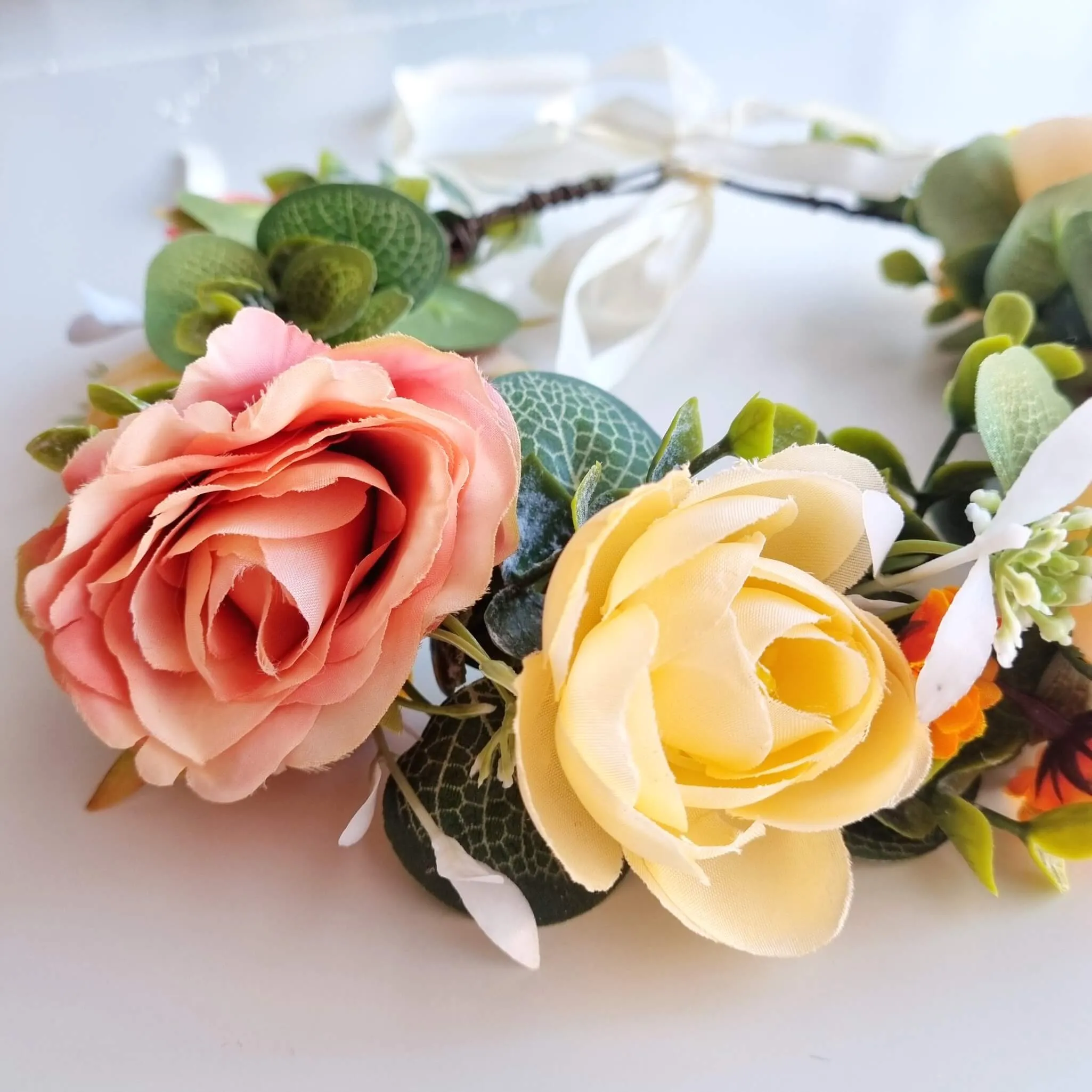 Coral pink and Melon wedding flower crown