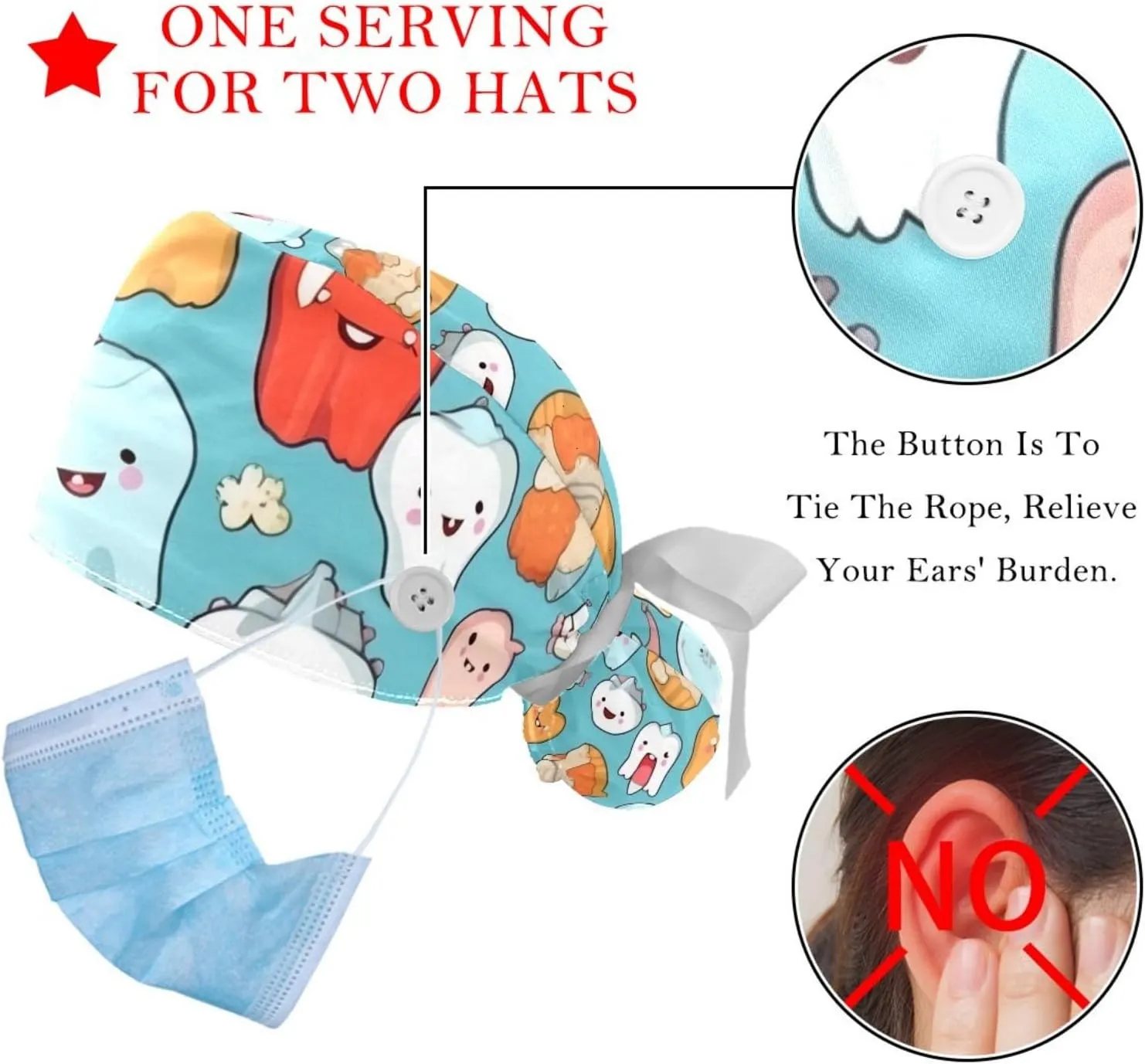 Cute Teeth Pattern Working Cap with Button Long Hair Adjustable Working Hat Ponytail Holder 2 Pcs Tie Back Hats