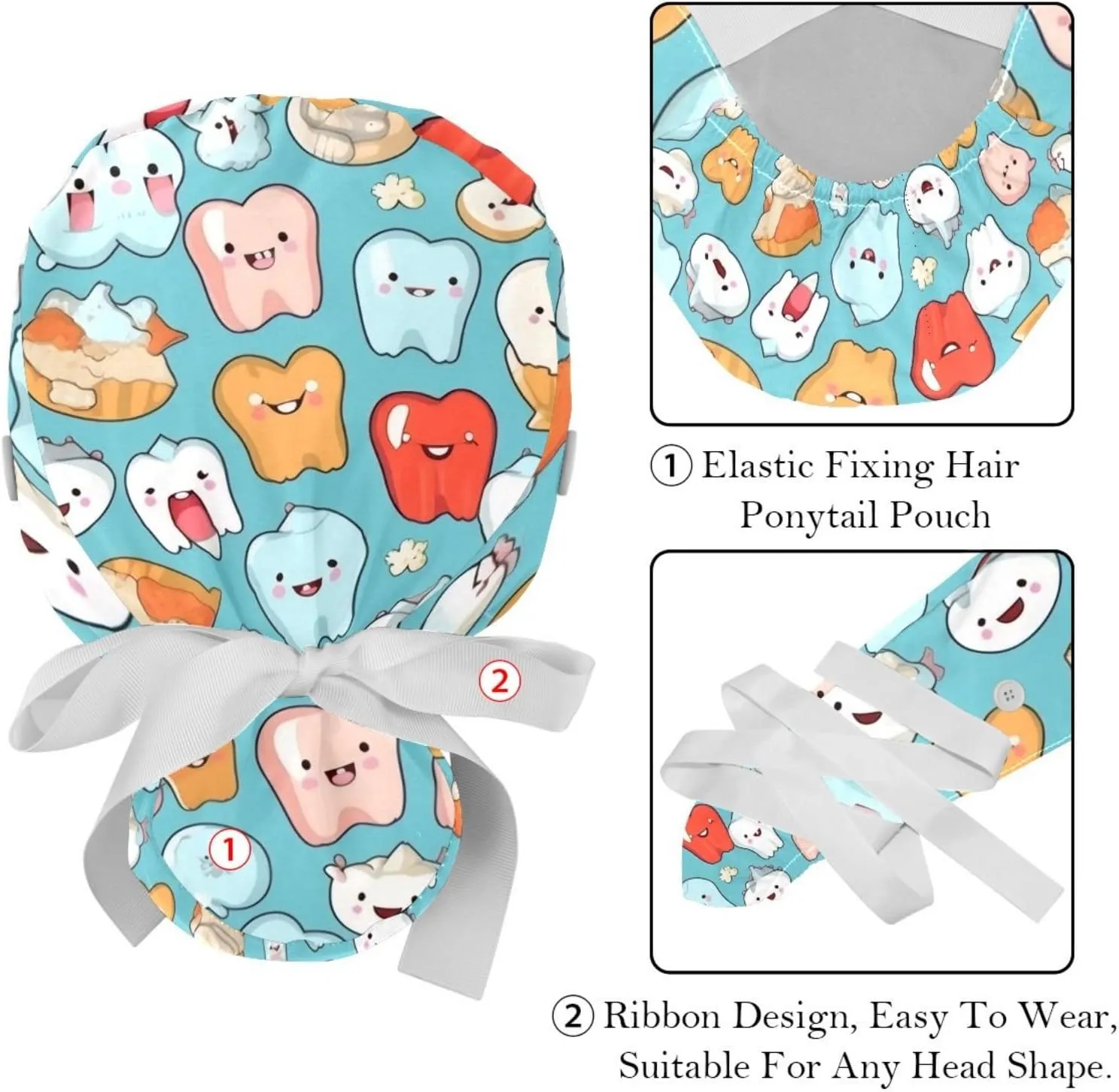 Cute Teeth Pattern Working Cap with Button Long Hair Adjustable Working Hat Ponytail Holder 2 Pcs Tie Back Hats
