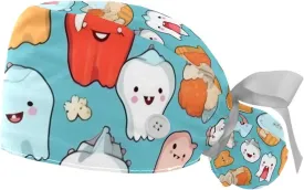 Cute Teeth Pattern Working Cap with Button Long Hair Adjustable Working Hat Ponytail Holder 2 Pcs Tie Back Hats