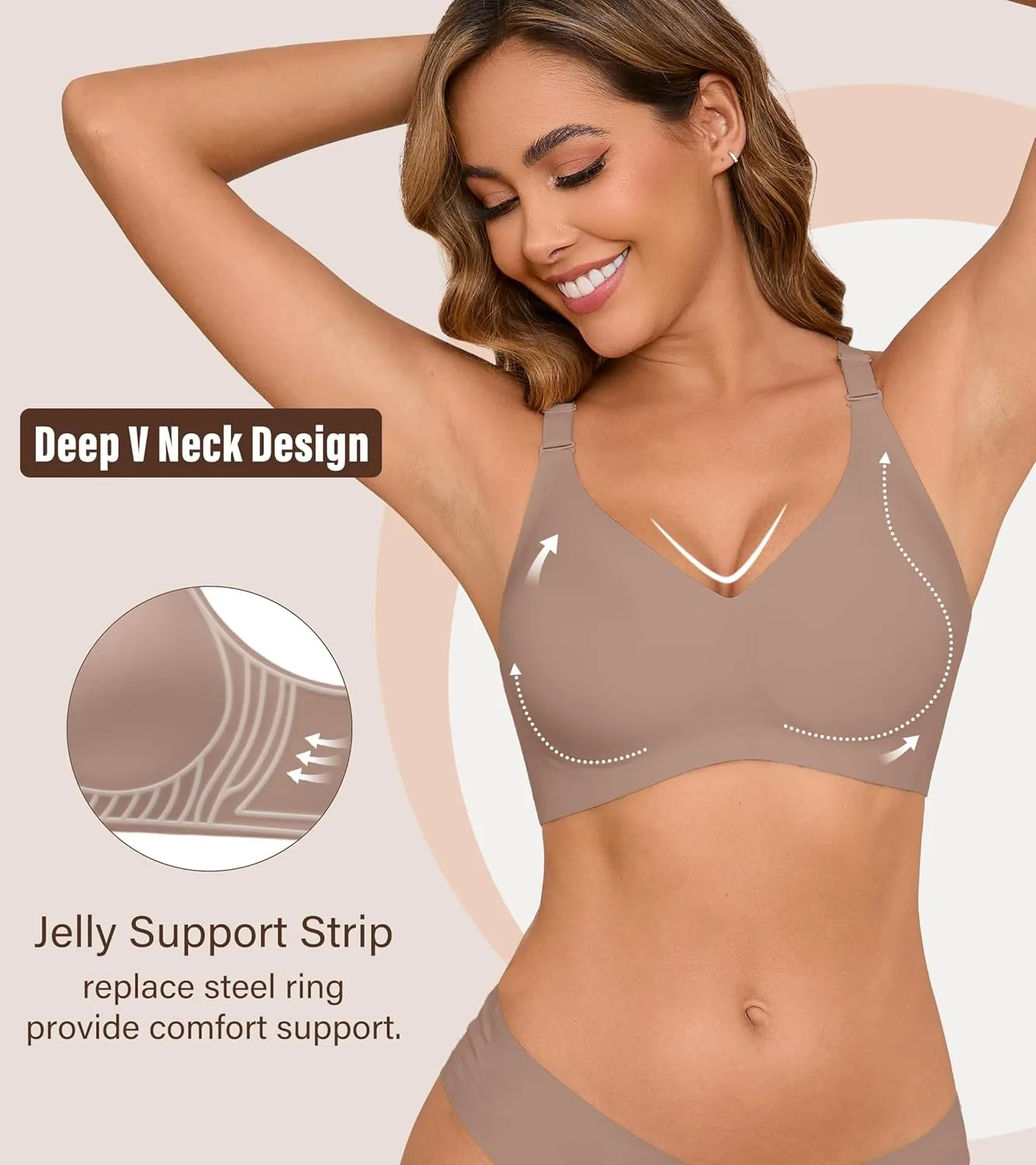 DEANGELMON Seamless Bras for Women No Underwire Comfortable Push Up Bra V Neck Wireless Bralette Full Coverage Wire Free