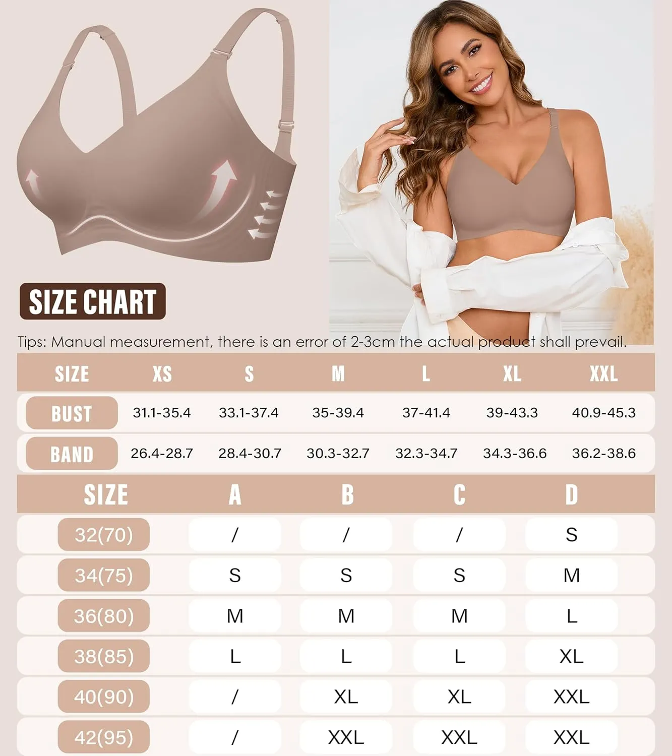 DEANGELMON Seamless Bras for Women No Underwire Comfortable Push Up Bra V Neck Wireless Bralette Full Coverage Wire Free