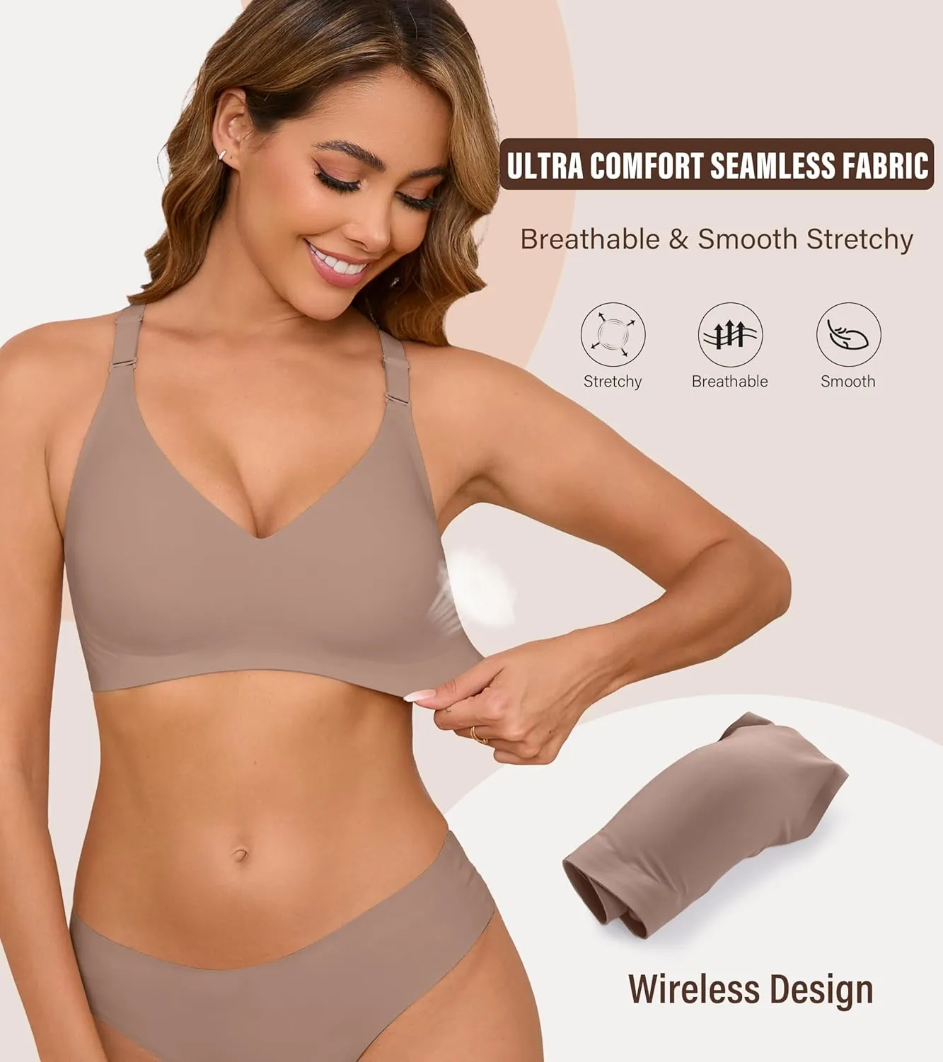 DEANGELMON Seamless Bras for Women No Underwire Comfortable Push Up Bra V Neck Wireless Bralette Full Coverage Wire Free