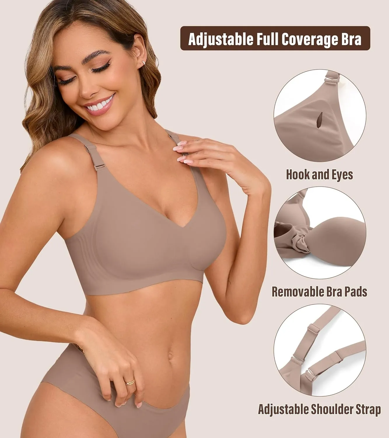 DEANGELMON Seamless Bras for Women No Underwire Comfortable Push Up Bra V Neck Wireless Bralette Full Coverage Wire Free