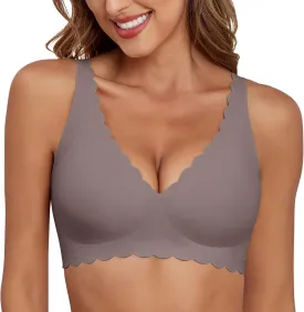 Deep V Neck Wireless Bras for Women No Underwire Scalloped Seamless Bralettes Petal Wavy Womens Bras with Extender