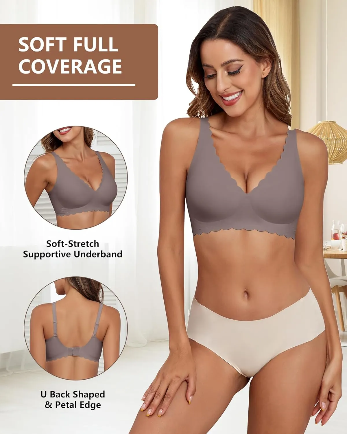 Deep V Neck Wireless Bras for Women No Underwire Scalloped Seamless Bralettes Petal Wavy Womens Bras with Extender