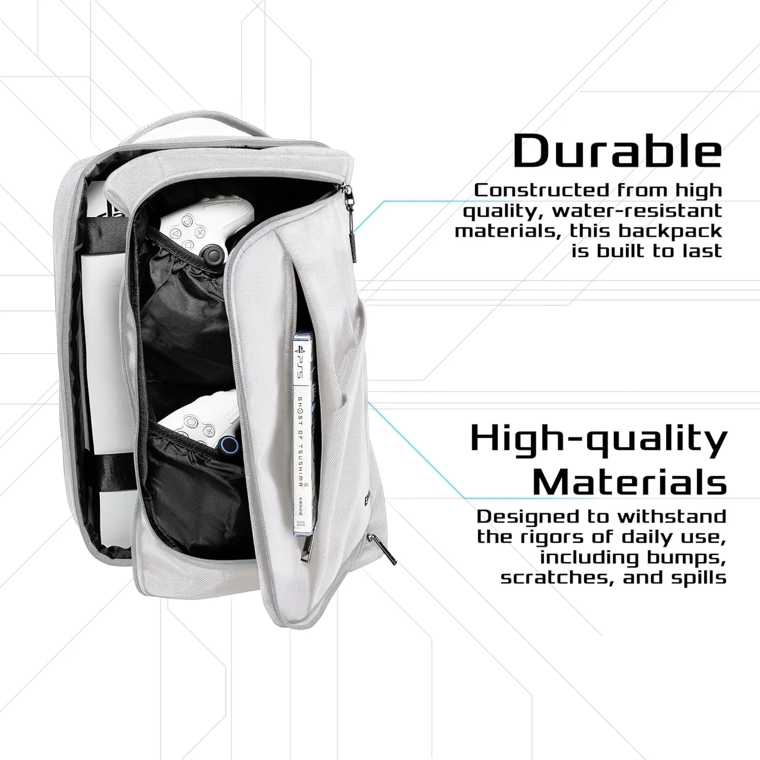 Ezgnuk Game Backpack for PS5 Console, Protective Travel Carrying Case, Large Capacity Storage Bag with Zippered Pocket for PlayStation 5, Laptop, Headphones, Game Discs and Accessories (Light Gray)
