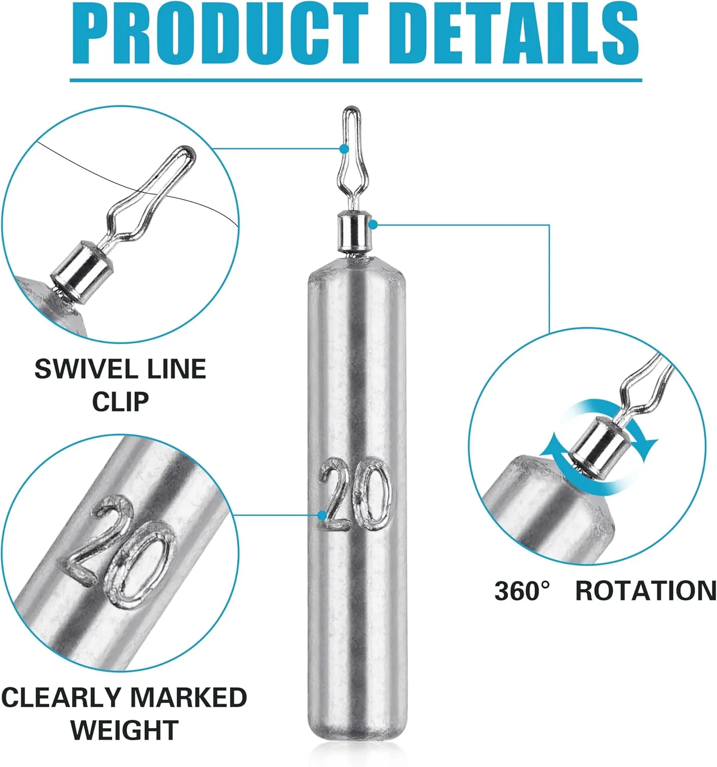Fishing Drop Shot Weight Sinkers Skinny Sinkers Weights with Barrel Swivels No Snag Pencil Shaped Lead Sinker Weights Dropshot Fishing Sinkers for Drop Shot Rig Bass Fishing