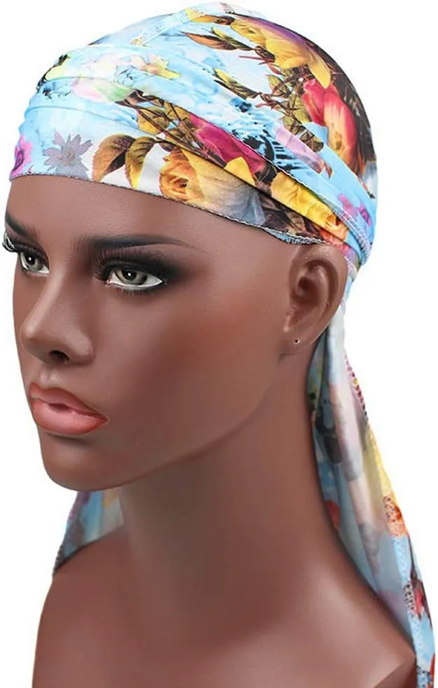 Floral Print Men Soft Silk Durag Long Tail Straps Spandex Wave Cap Bandanas Hat