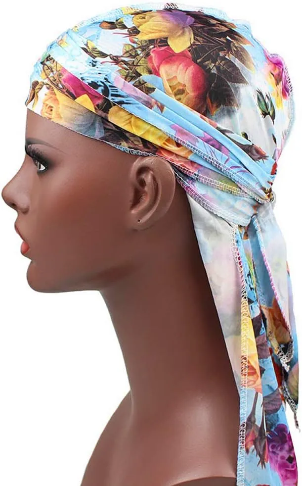 Floral Print Men Soft Silk Durag Long Tail Straps Spandex Wave Cap Bandanas Hat
