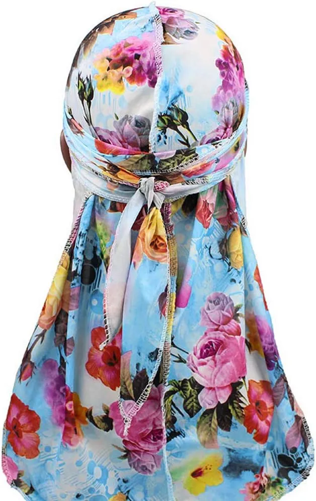 Floral Print Men Soft Silk Durag Long Tail Straps Spandex Wave Cap Bandanas Hat
