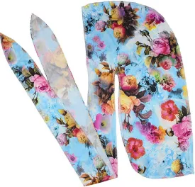 Floral Print Men Soft Silk Durag Long Tail Straps Spandex Wave Cap Bandanas Hat