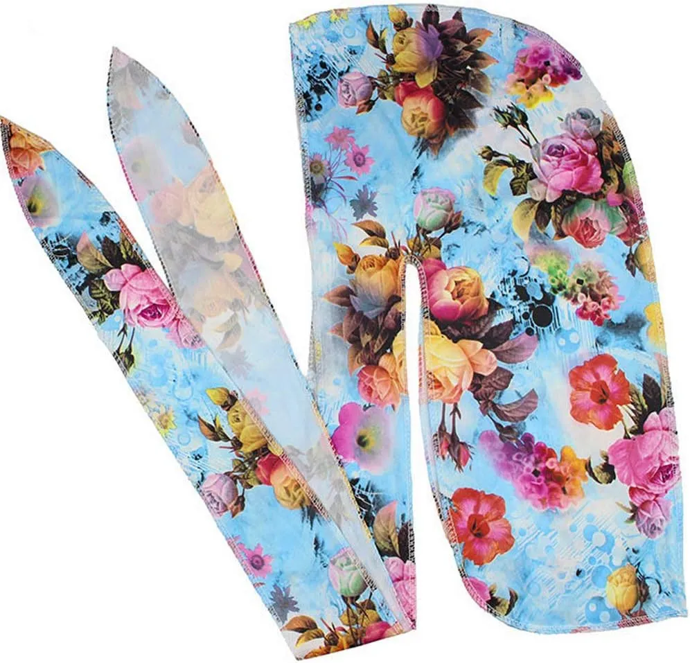 Floral Print Men Soft Silk Durag Long Tail Straps Spandex Wave Cap Bandanas Hat